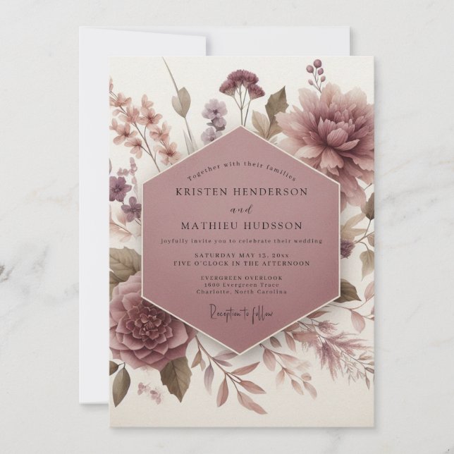 Convites Casamento Floral Botânico Rosa Malva (Frente)