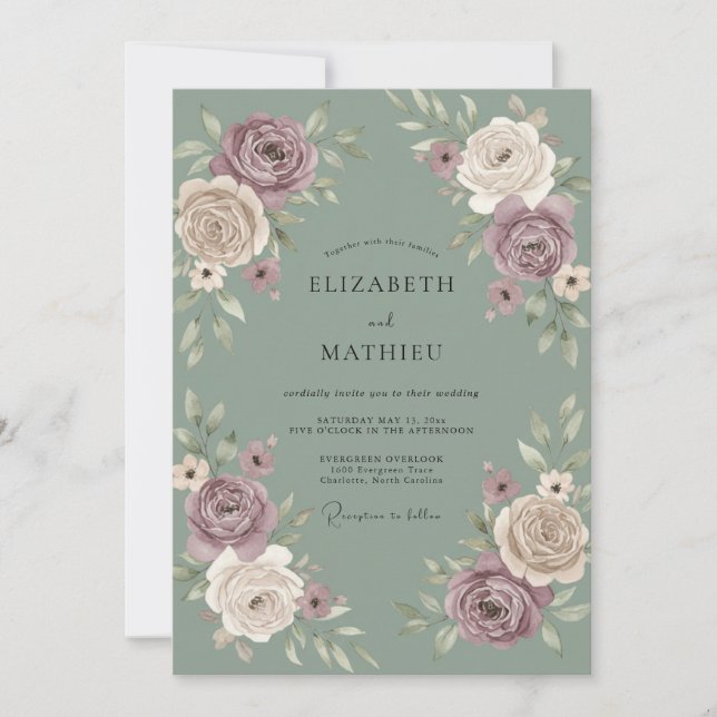 Convites Casamento Floral Botânico Rosa Mauve (Frente)