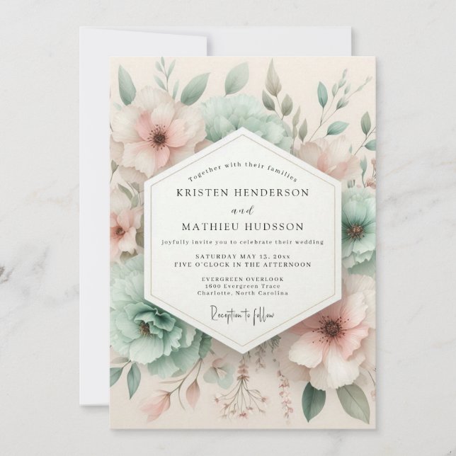 Convites Casamento Floral Botânico Rosa Pálido (Frente)