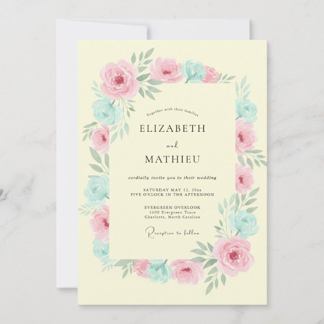 Convites Casamento Floral Botânico Rosa Pêssego (Frente)