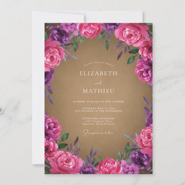 Convites Casamento Floral Botânico Roxo Magenta (Frente)