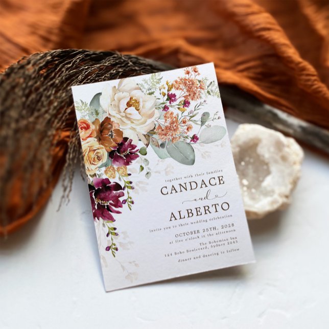 Convites Casamento Floral Botânico Rustic Maroon Rust Orang (Criador carregado)