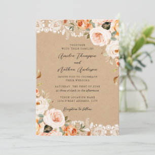 Convites Casamento Floral Botânico Rústico com Renda Bege d
