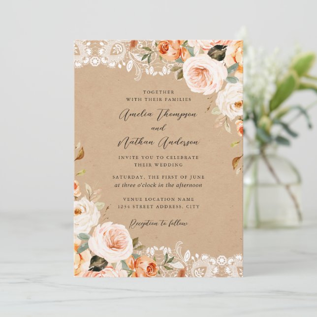 Convites Casamento Floral Botânico Rústico com Renda Bege d (Em pé/Frente)