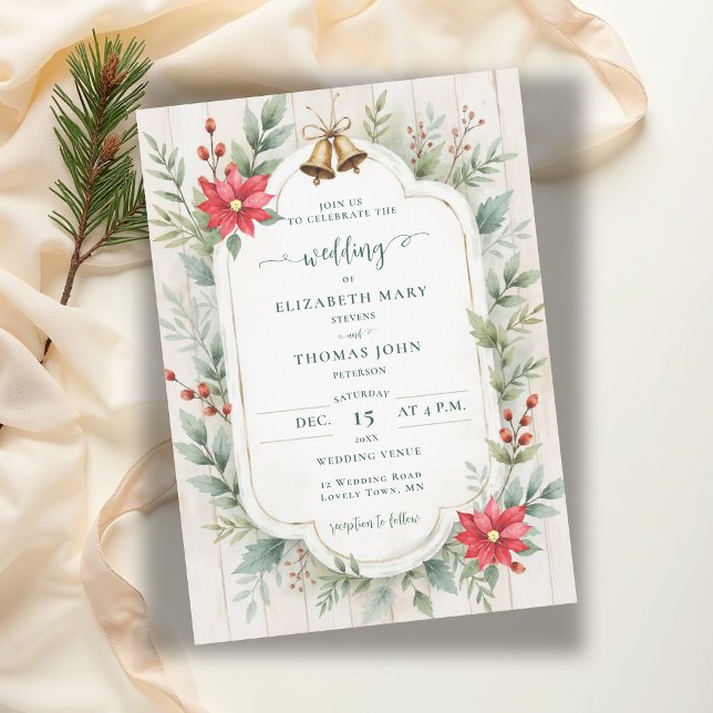 Convites Casamento Floral Botânico Rústico de Madeira no In (winter wedding invitation rustic greenery poinsettia light barn wood bells green red template)