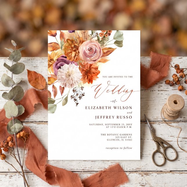Convites Casamento Floral Botânico Rústico de Terracota no  (Rustic Botanical Floral Terracotta Fall Wedding Invitation)