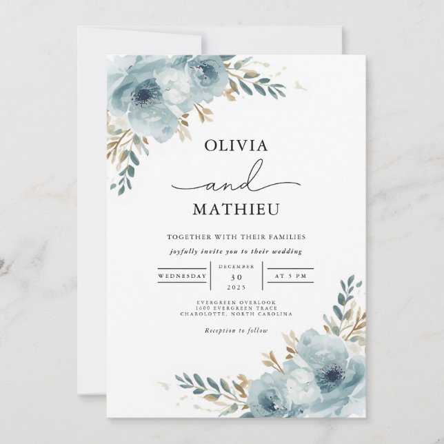 Convites Casamento Floral Botânico Serene Blue (Frente)