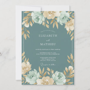 Convites Casamento Floral Botânico Suave em Verde Azul