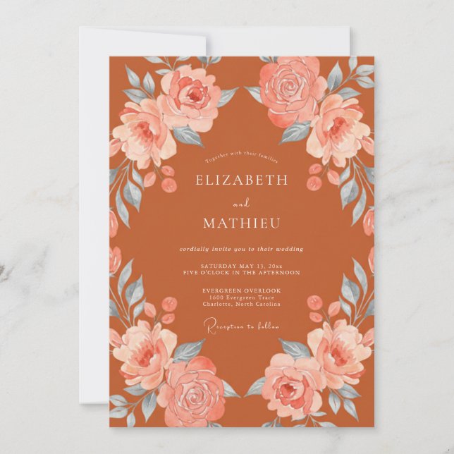 Convites Casamento Floral Botânico Terracota Rubor (Frente)