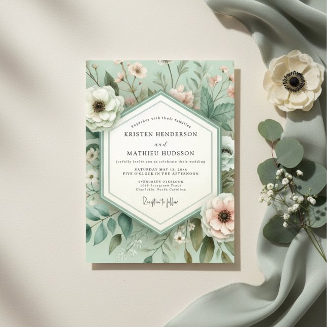 Convites Casamento Floral Botânico Verde Menta (Criador carregado)