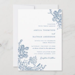 Convites Casamento Floral Botânico Vintage Azul Empoeirado