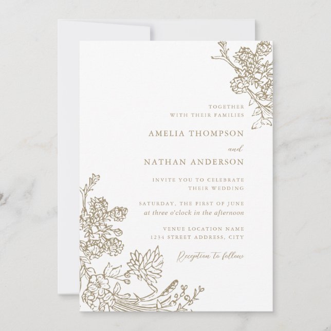 Convites Casamento Floral Botânico Vintage Bege (Frente)