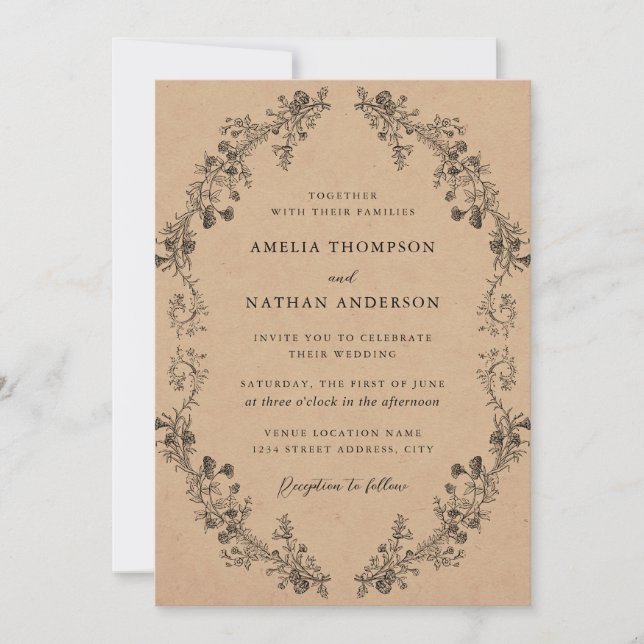 Convites Casamento Floral Botânico Vintage Kraft Rústico (Frente)