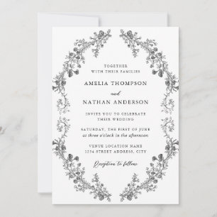 Convites Casamento Floral Botânico Vintage Preto Branco