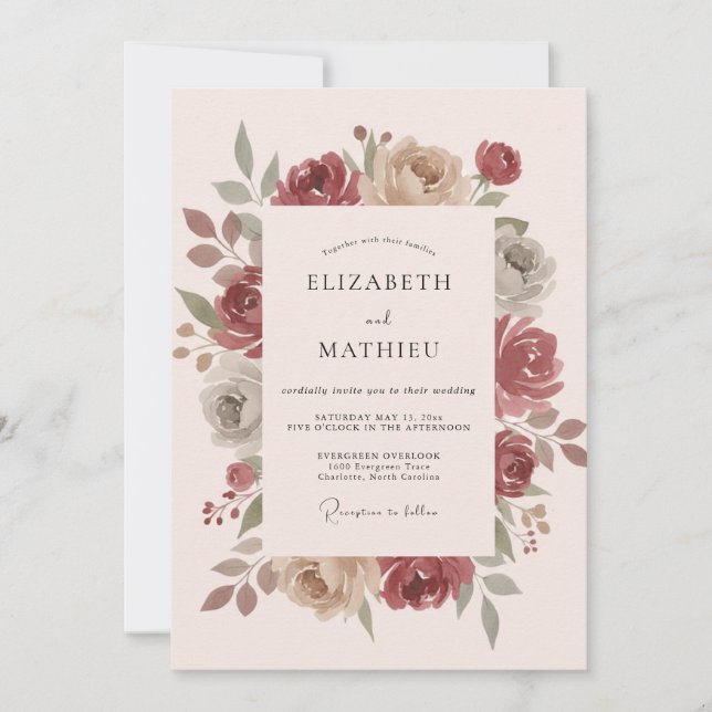 Convites Casamento Floral Botânico Vintage Rosa (Frente)