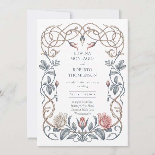 Convites Casamento Floral Botânico Vitoriano Rosa (Frente)