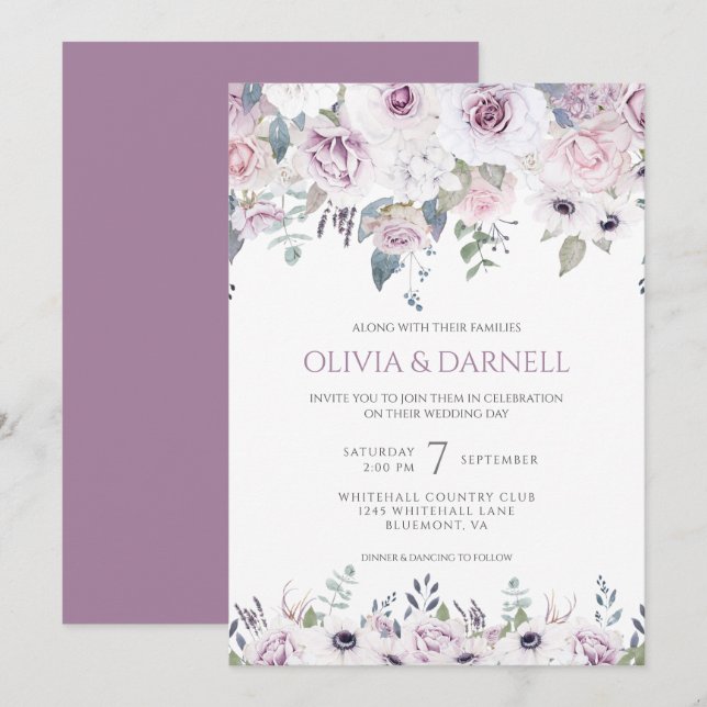 Convites Casamento Floral Branca de Lavanda Rosa Suave I (Frente/Verso)