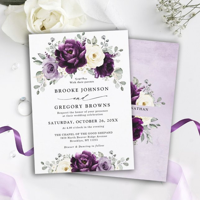 Convites Casamento Floral Branca De Púrpura De Pera De Marf (Eggplant purple plum ivory floral wedding invitation)