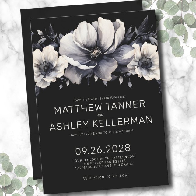 Convites Casamento Floral Branca Negra Elegante (Elegant Modern Black White Floral Wedding Invitation)