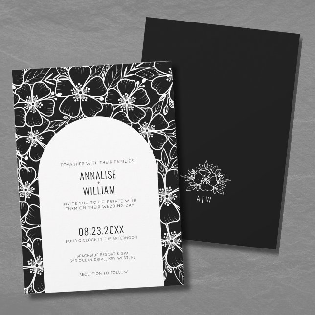 Convites Casamento Floral Branca Negra Elegante (Elegant Modern Black White Floral Wedding Invitation)