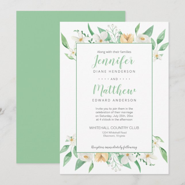 Convites Casamento Floral Branco, Amarelo e Verde em Moldur (Frente/Verso)