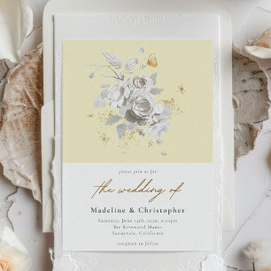 Convites Casamento Floral Branco Amarelo Elegante