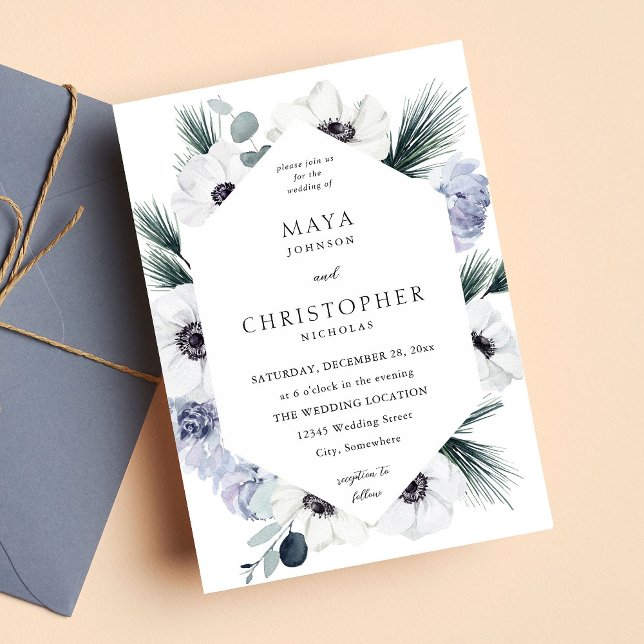 Convites Casamento Floral Branco Anemone Winter (Criador carregado)