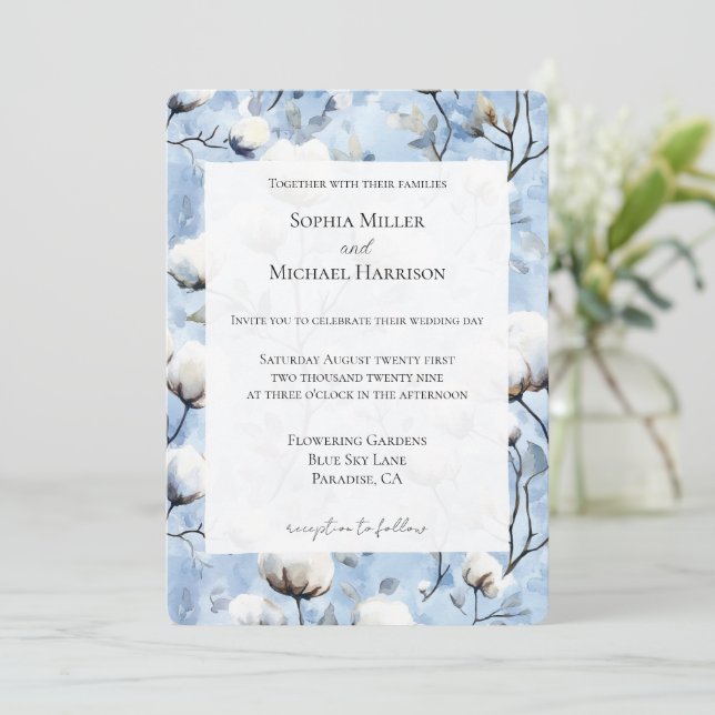 Convites Casamento Floral Branco Azul Claro Bonito (Em pé/Frente)