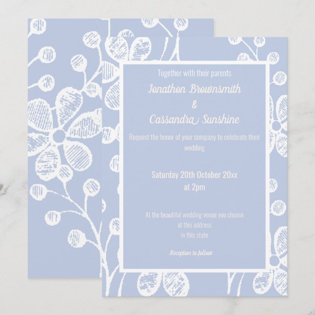 CONVITES CASAMENTO FLORAL BRANCO AZUL ELEGANTE (Frente/Verso)