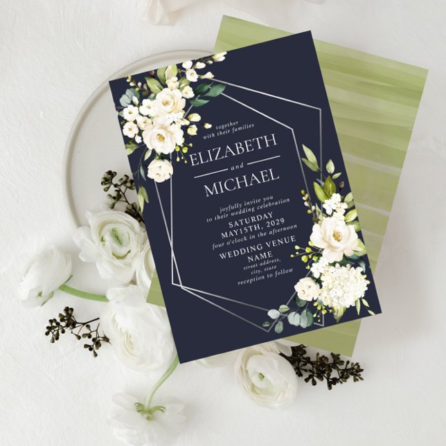 Convites Casamento Floral Branco Azul-Geométrico (Criador carregado)