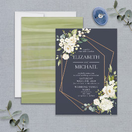 Convites Casamento Floral Branco Azul Geométrico de Cobre