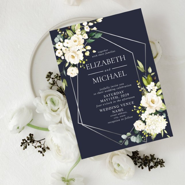 Convites Casamento Floral Branco Azul Marinho Geométrico (Criador carregado)