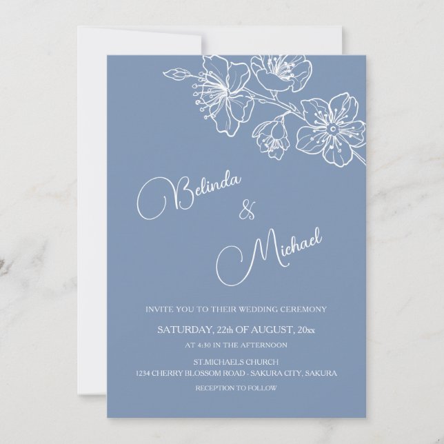 Convites Casamento Floral Branco Azul Profundo Empoeirado (Frente)
