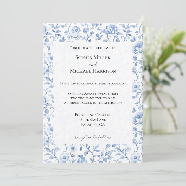 Convites Casamento Floral Branco Azul Romântico (Em pé/Frente)