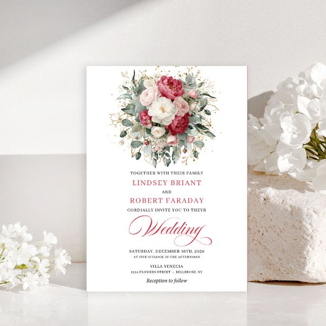 Convites Casamento Floral Branco Boho Atemporal (Timeless Boho Blush White Gold Floral Wedding Invitation)