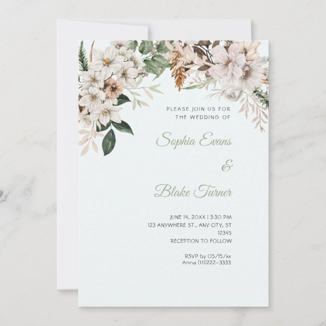 Convites Casamento Floral Branco Boho Inverno Azul Claro (Frente)