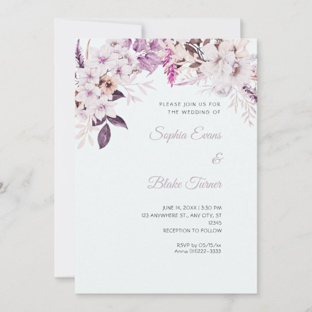 Convites Casamento Floral Branco Boho Inverno Azul Claro (Frente)