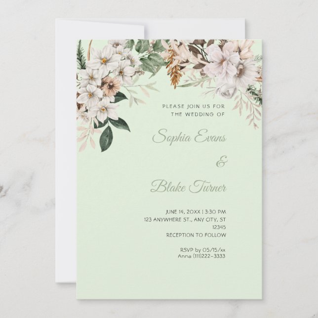 Convites Casamento Floral Branco Boho Inverno Verde Claro (Frente)