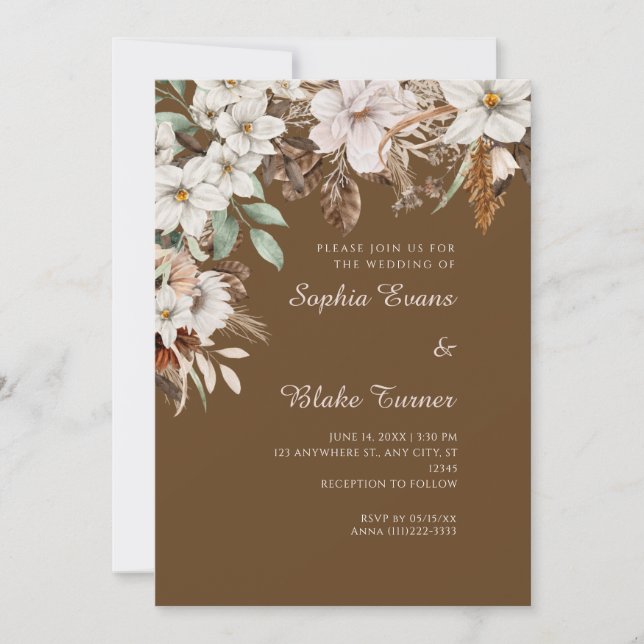 Convites Casamento Floral Branco Boho Outono Marrom Escuro (Frente)