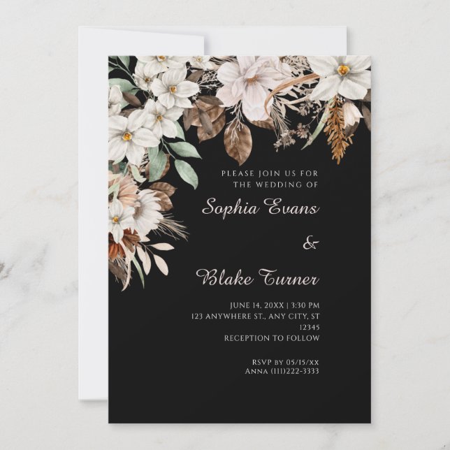 Convites Casamento Floral Branco Boho Outono Preto (Frente)
