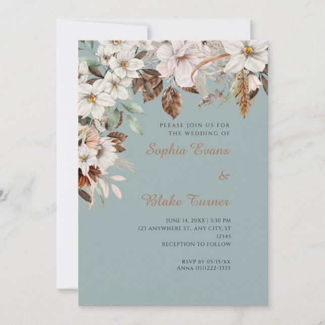 Convites Casamento Floral Branco Boho Outono Verde (Frente)