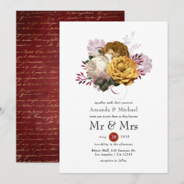 Convites Casamento Floral Branco, Borgonha e Dourado
