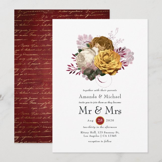 Convites Casamento Floral Branco, Borgonha e Dourado (Frente/Verso)