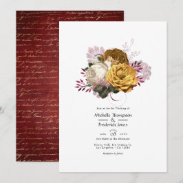 Convites Casamento Floral Branco, Borgonha e Dourado