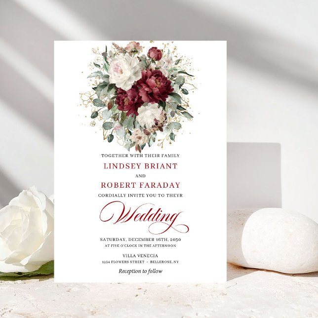 Convites Casamento Floral Branco Borgonha Rústico Eucalipto (Rustic Burgundy White Floral Eucalyptus Wedding Invite)