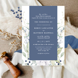 Convites Casamento Floral Branco-Chic e Azul, Marinho