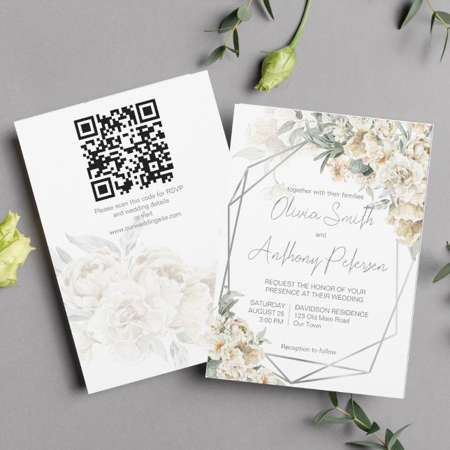 Convites Casamento floral branco com quadro prateado (All white wedding theme white flowers silver sage silver geometrical frame invitation template)