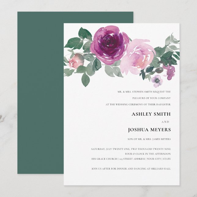 Convites Casamento Floral Branco com Toque de Água Magenta (Frente/Verso)