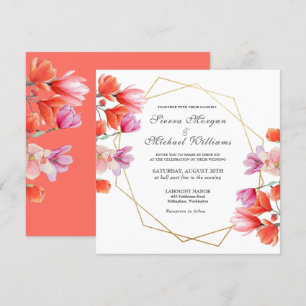 Convites Casamento Floral Branco de Coral Geométrico Doura