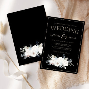 Convites Casamento Floral Branco de Inverno Elegante Preto
